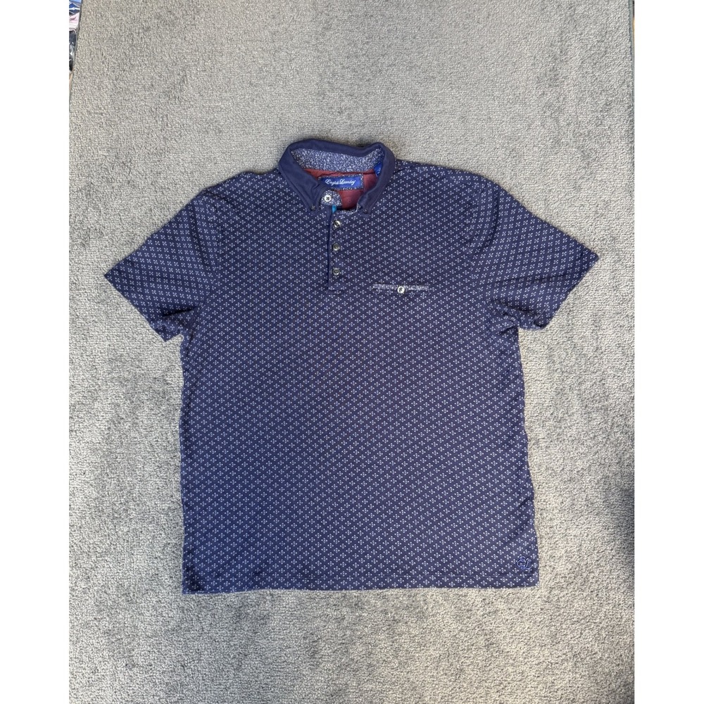 English Laundry Mens Navy Blue Geometric Diamond Print Cotton Polo Shirt Large